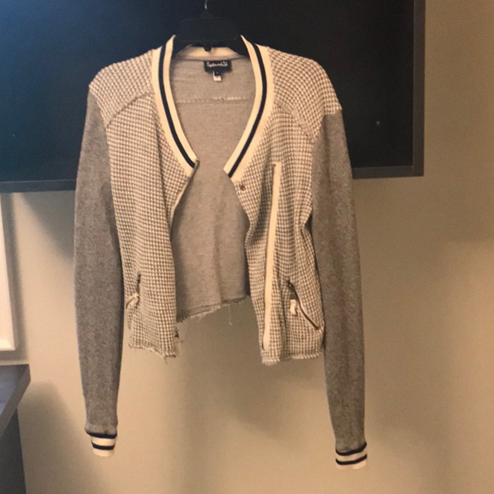 Splendid Grey and White Knit Jacket with Frayed Hem and Navy Accents
